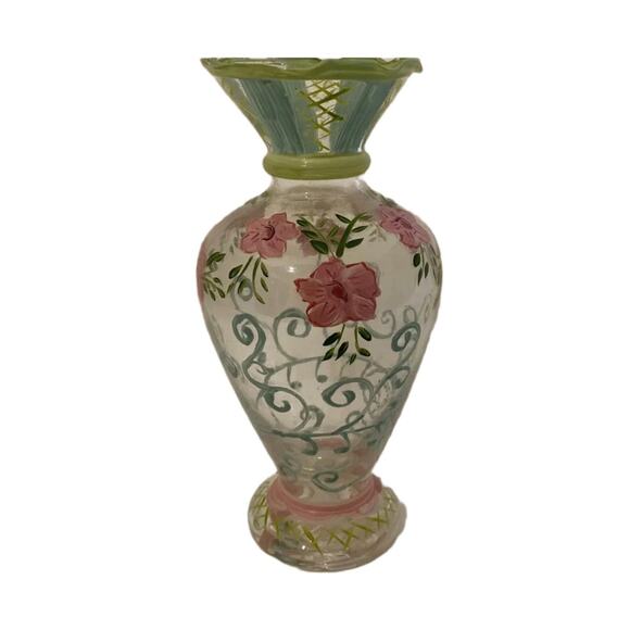 Vintage Tracy Porter Hand-Painted Glass Bud Vase Pink Floral Ruffled Rim 6.5” - Picture 2 of 9